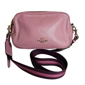 Coach Jes Crossbody Camera Shoulder Bag Double-Zip Pink Metallic Pebbled Leather